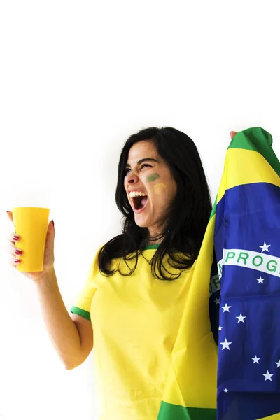 Fan Del Fútbol Brasileño Femenino Posando Sobre Fondo Blanco —  Fotos de Stock