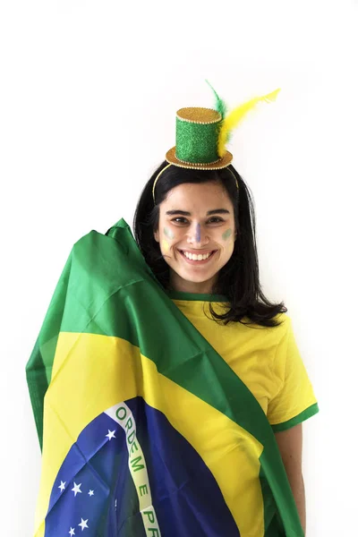 Female Brazil Football Fan Posing White Background — Stock Photo, Image