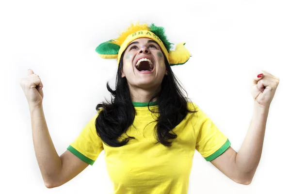 Female Brazil Football Fan Posing White Background — Stock Photo, Image