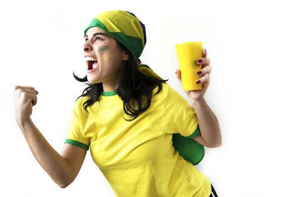 Fan Del Fútbol Brasileño Femenino Posando Sobre Fondo Blanco — Foto de Stock