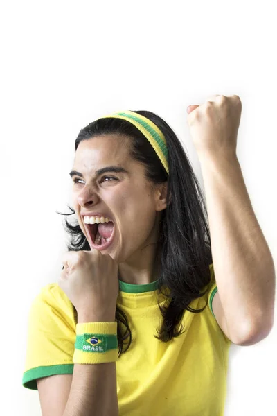 Brasilianischer Fußballfan Posiert Auf Weißem Hintergrund — Stockfoto