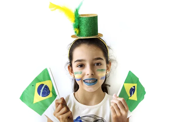 Niño Emocional Fanático Del Fútbol Posando Sobre Fondo Blanco — Foto de Stock