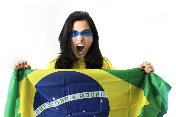 Feminino Brasil Futebol Posando Fundo Branco — Fotografia de Stock