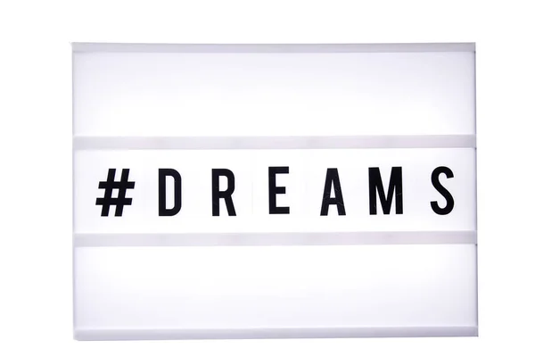 Álmok Szöveget Egy Világos Dobozban Fehér Háttérrel Elkülönített Doboz Egy — Stock Fotó