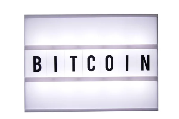 Texto Bitcoin Una Caja Luz Caja Aislada Sobre Fondo Blanco —  Fotos de Stock