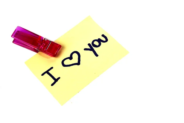 Amo Você Mensagem Escrita Uma Nota Papel Amarelo Com Clothspins — Fotografia de Stock