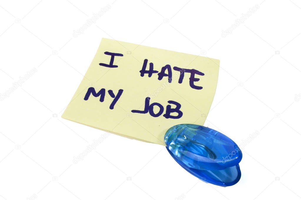I hate my job message written on a yellow paper note with a clothespins holding isolated over a white background