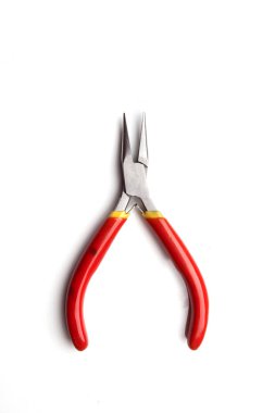 Beyaz arka plan üzerinde izole kırmızı saplı çerçeveler. Kuyumcu aracı, beyaz üzerinde çalışan nesne