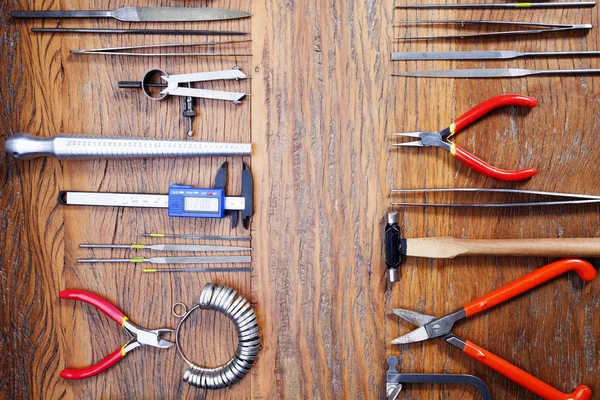 Top View Different Goldsmiths Tools Jewelry Workplace Desktop Craft Jewelry — Stock Photo, Image