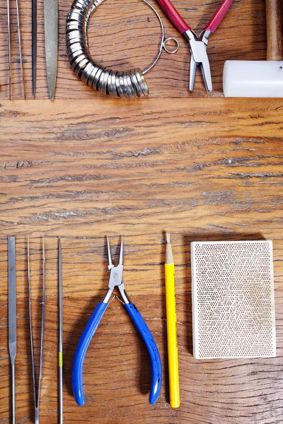 Vue Dessus Des Différents Outils Orfèvrerie Sur Lieu Travail Bijoux — Photo