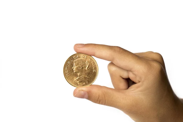 Close Male Hand Holding Golden Coin Isolated White Background Financial — Stock Photo, Image