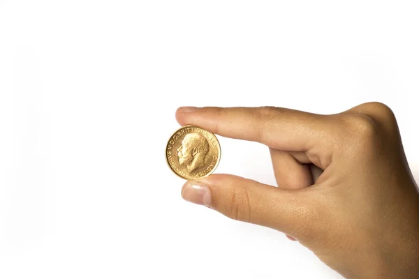 Close Male Hand Holding Golden Coin Isolated White Background Financial — Stock Photo, Image