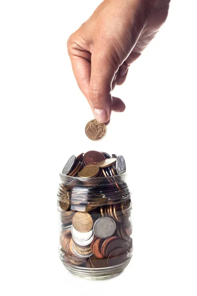 Close Male Hand Putting Coin Jar Financial Concept — Stock Photo, Image