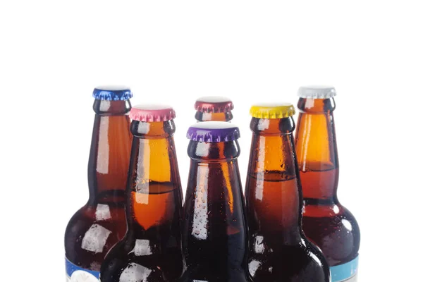 Γυάλινες Φιάλες Μπύρας Που Απομονώνονται Λευκό Φόντο — Φωτογραφία Αρχείου