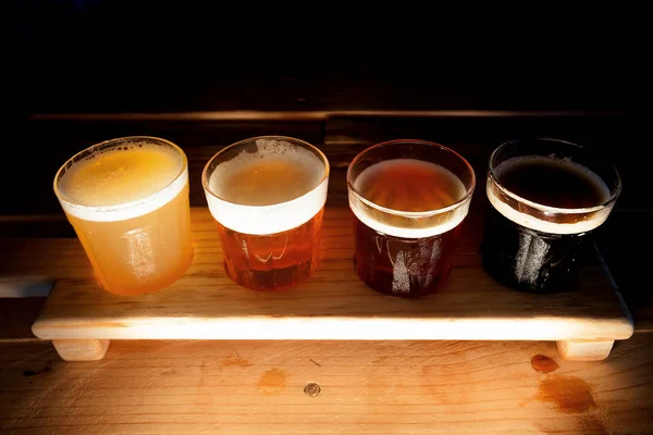 Beer Samplers Small Glasses Individually Placed Holes Unique Wooden Tray — Stock Photo, Image