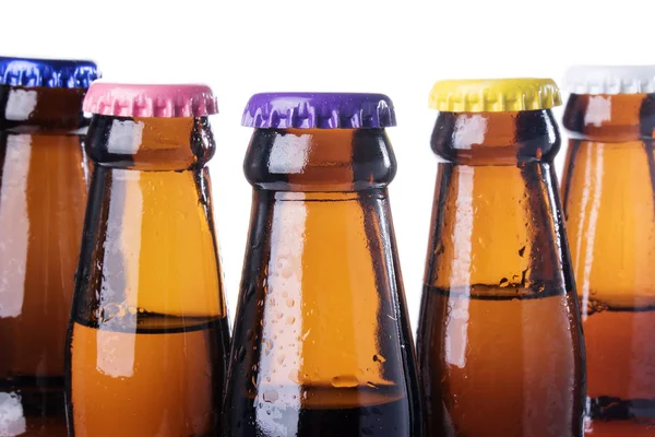 Szklane Butelki Piwa Izolowane Białym Tle — Zdjęcie stockowe