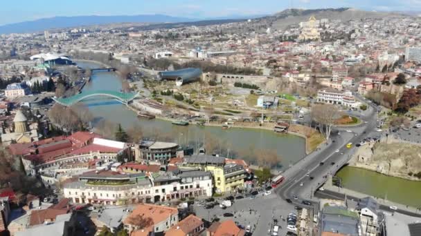 4k aerial cityscape view of an ancient city center Tbilisi in a day light — Stock Video
