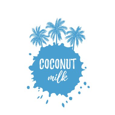 Hindistan cevizi sütü ile yazı çizilmiş boya leke ve palmiye ağaçları içinde beyaz ve mavi forma el.