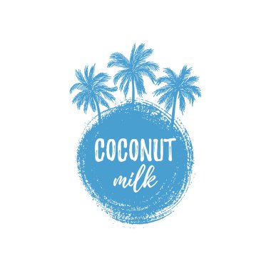 Hindistan cevizi sütü ile yazı çizilmiş boya leke ve palmiye ağaçları içinde beyaz ve mavi forma el.