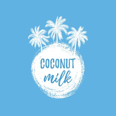 Hindistan cevizi sütü ile yazı çizilmiş boya leke ve palmiye ağaçları içinde beyaz ve mavi forma el.