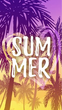 Palmiye ağaçları ile çizilmiş boya arka plan el ve yazı yaz.