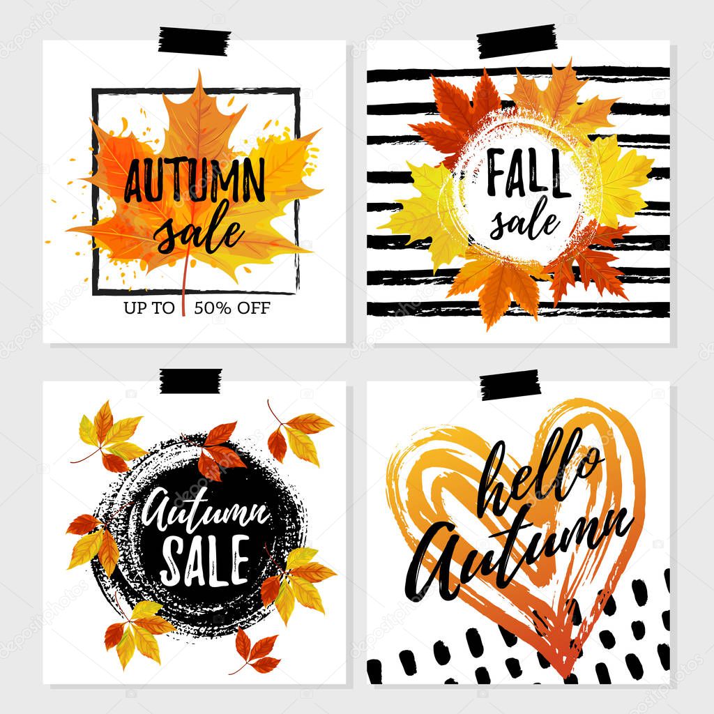 Vector illustration, set of seasonal flyer templates. Hello Autumn card, Autumn sale banner.