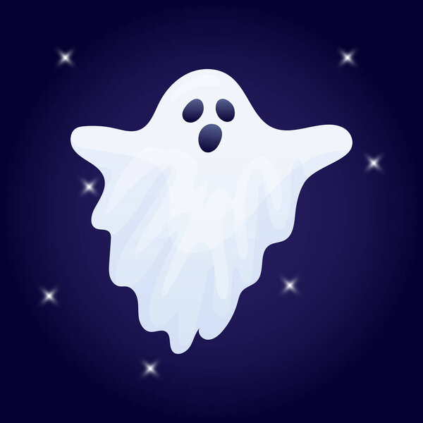 cartoon Halloween ghost character on dark background, vector, illustration