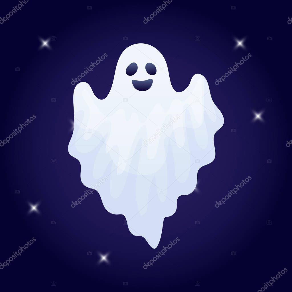 cartoon Halloween happy ghost character on dark background, vector, illustration