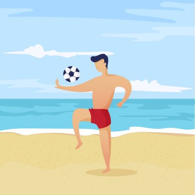 plaj futbol oyuncu kumlu plaj arka plan üzerinde düz stil top ile.