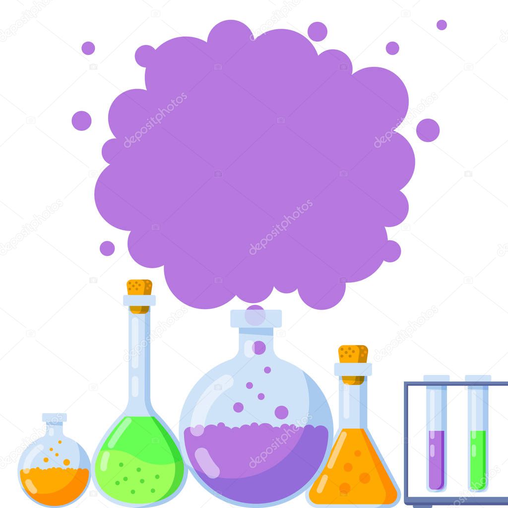 Vector illustration, chemistry icons set in a banner design. Laboratory flasks with different colorful fluids and space for text.