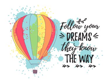 Parlak retro sıcak hava balonu ile kartı ve yol metin biliyorlar hayallerinin peşinden