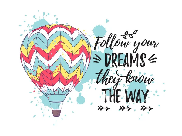 Parlak retro sıcak hava balonu ile kartı ve yol metin biliyorlar hayallerinin peşinden