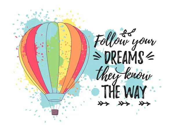 Parlak retro sıcak hava balonu ile kartı ve yol metin biliyorlar hayallerinin peşinden