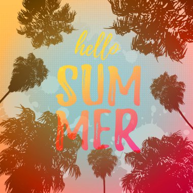 Bir el vektör çizim palmiye ağaçları çizilmiş. Metin için bir yer ile tasarım şablonu. 