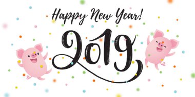 Vektör çizim, mutlu yeni yıl 2019 çizilmiş yazı ver. Sevimli çizgi domuzlar ve konfeti ile tebrik kartı.