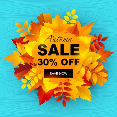 Vektör çizim, sonbahar satış etiket tasarım parlak sonbahar yaprakları ve geometrik basit arka plan ile. Sonbahar satış metin. 