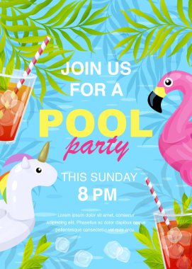 Vektör çizim, davetiye kartları tasarımı, bir havuz partisi metin için bize katılın. Şişme flamingo ve tek boynuzlu at çizgi film tarzı.