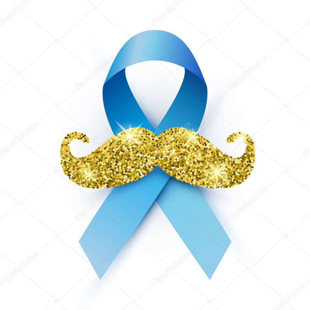 Blue ribbon with mustache vector illustration. Men's health awareness month symbol.