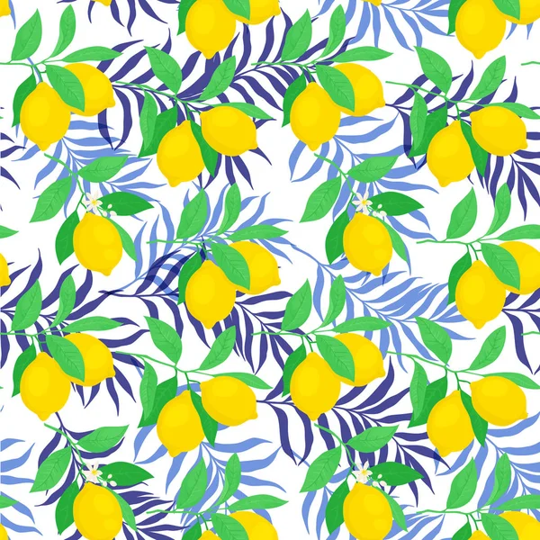 黄色柠檬和绿叶的无缝矢量图案 — 图库矢量图片