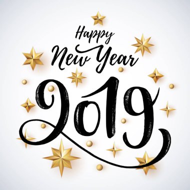 2019 beyaz zemin üzerine altın Noel yıldızlarla yazılı yazı ver. Mutlu yeni yıl kartı tasarım. Vektör çizim Eps 10 dosya.