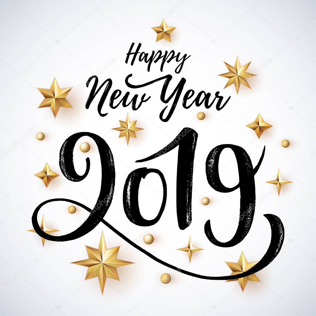 2019 hand written lettering with golden Christmas stars on a white background. Happy New Year card design. Vector illustration EPS 10 file.