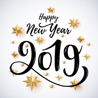 2019 beyaz zemin üzerine altın Noel yıldızlarla yazılı yazı ver. Mutlu yeni yıl kartı tasarım. Vektör çizim Eps 10 dosya.