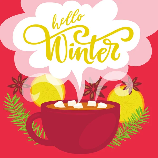 Hallo Winter Schriftzug Vektor Grußkarte Mit Heißgetränk Und Gewürzen — Stockvektor