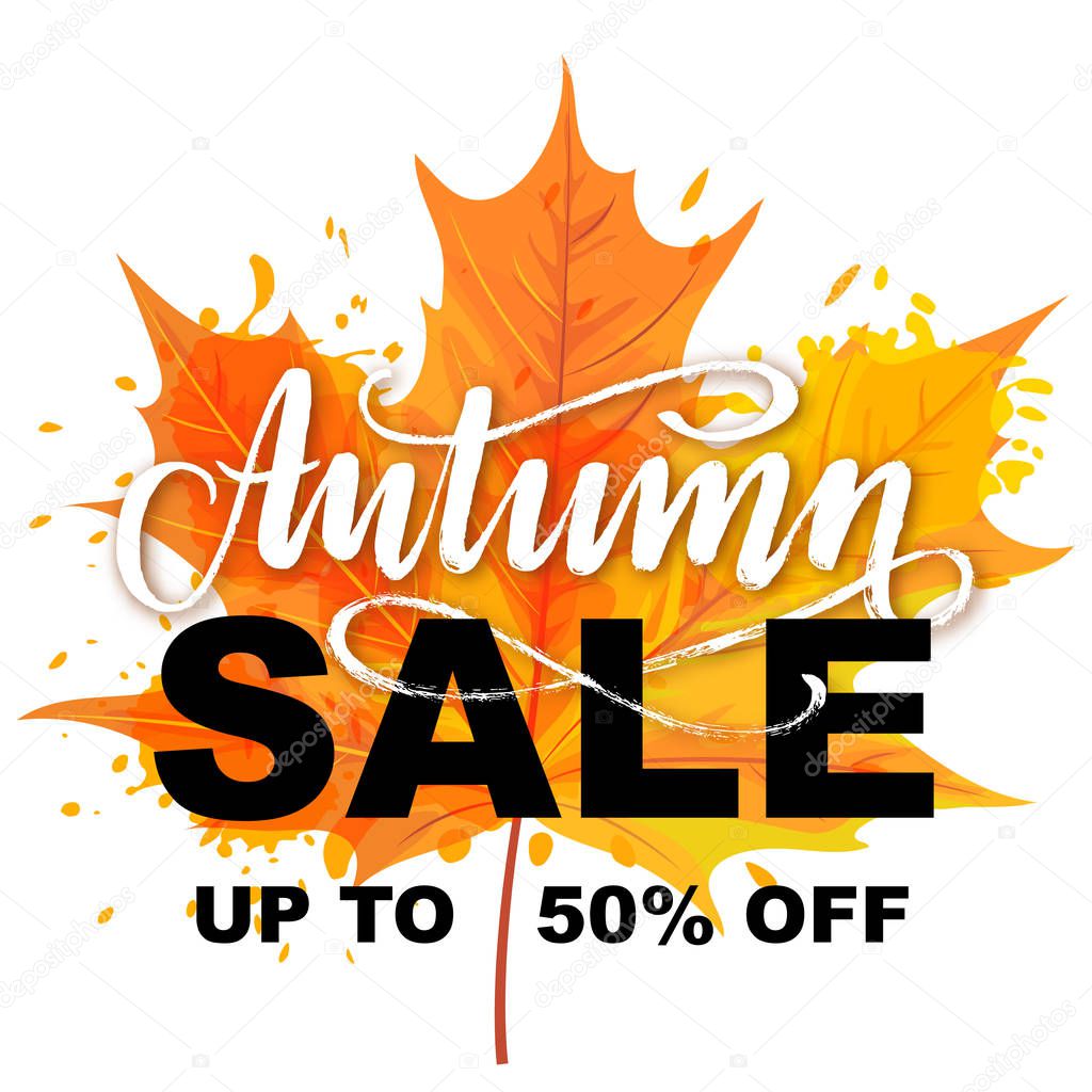 Autumn Sale lettering on a bright autumn leaf background. Vector illustration.