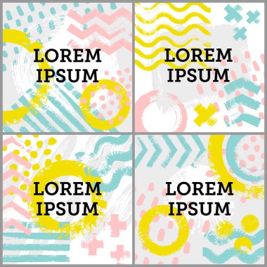 Memphis tarzı el kartı tasarım şablonları çekilmiş. Vektör arka kümesi.