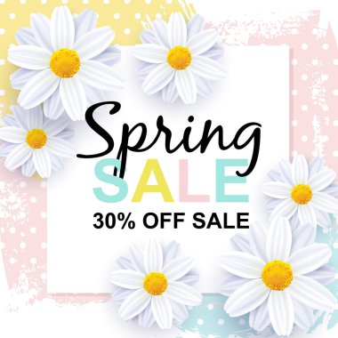 Satılık vektör banner tasarımı bahar. Çizilmiş arka plan metin ile bir absract üzerinde taze çiçekler teslim.