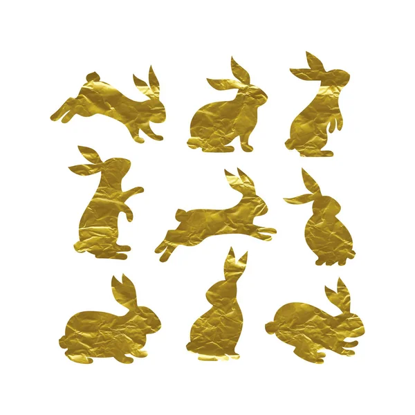 Великодній Кролик Силуети Встановлені Ефектом Фольги Кролики Різних Форм Дій — стоковий вектор