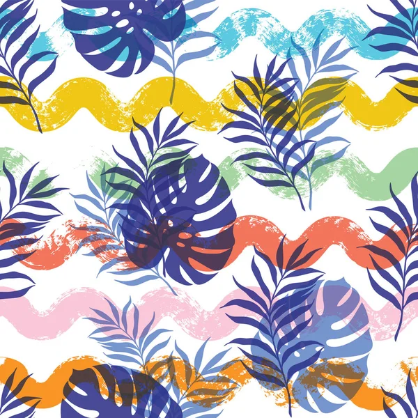 Modèle vectoriel sans couture avec des feuilles tropicales et des vagues — Image vectorielle