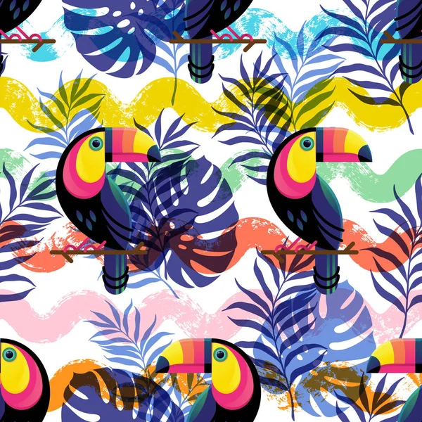 Vector botanical seamless pattern with Toucan and waves — Stock Vector