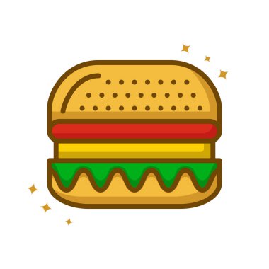 Burger Food Vector Logo çizgi filmi. Hamburger Yemekleri Fastfood Simgesi Doldurulmuş Hat Stili. Yemek fırını ve kek Sembol İllüstrasyonu